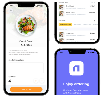 The Netlise menu app across phone screens